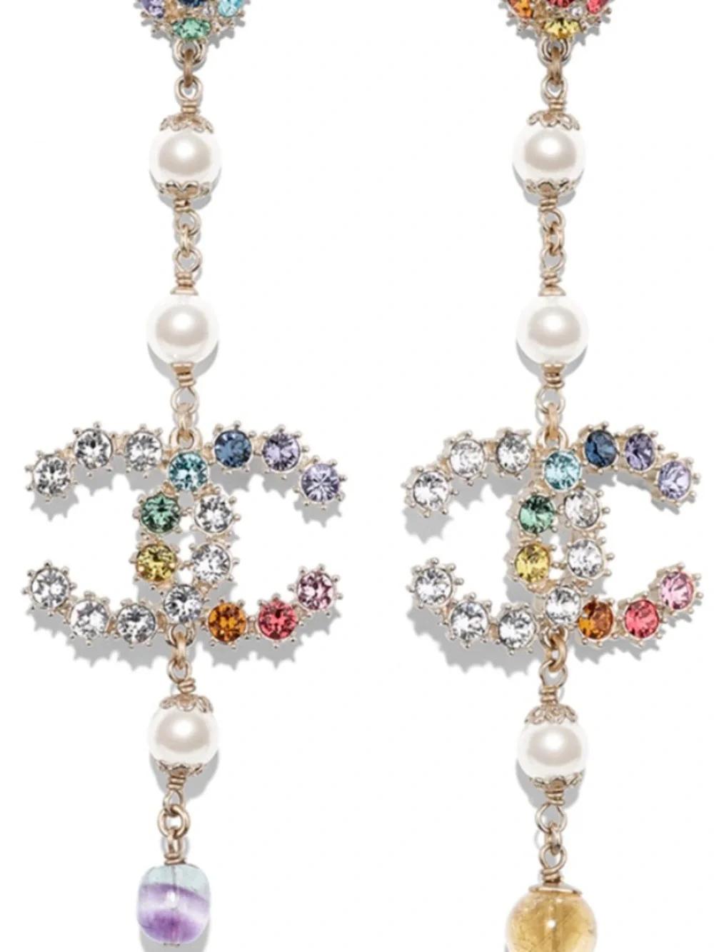 CHANEL Gold-Tone Multicolor Crystal CC Drop Earrings with Pearls